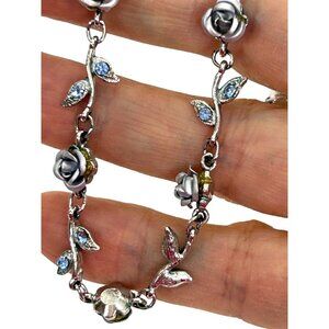 Fashion Necklace Vtg. Blue/Grey Roses Leaves Crystals 16” Silver Tone Women’s